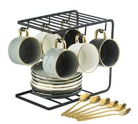 Porcelain Espresso Coffee Cup Set with Saucers Spoons and Metal Stand,8 oz Luxury Cappuccino Milk Royal Cups for Latte Cafe Mocha Cappuccino Gold