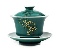 Porcelain Gaiwan 5oz /150ml Teacup White Glazed Classical Chinese Auspicious Clouds Tea Cup Tureen Sancai Cover Bowl Lid Cup Saucer Set (Green)