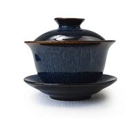 Porcelain Gaiwan 6oz Teacup Color Glazed Cups Tureen Chinese Sancai Cover Bowl Lip Saucer Set (Blue)