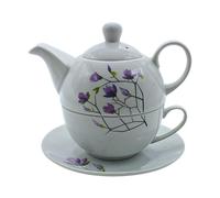 Porcelain Jug, Tea for One Set, Serving Pot for Tea, Teapot, Tea Service, Tea Cup with Teapot, Teapot Set Flowers with Tea Cup Made of Porcelain in White and Purple Flowers, L/W/H 15 x 15 x 16 cm
