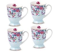 Porcelain Mugs Set of 4, 11oz/330ml New Bone China Coffee Cups with Multi-Coloured Floral Bird Pattern, Afternoon Tea Latte Cappuccino Home Kitchen Office Gift Mug Set (Blue)