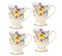 Porcelain Mugs Set of 4, 11oz/330ml New Bone China Coffee Cups with Multi-Coloured Floral Bird Pattern, Afternoon Tea Latte Cappuccino Home Kitchen Office Gift Mug Set (Yellow)