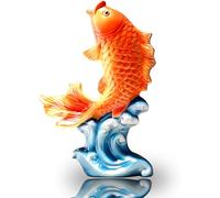 Porcelain Red Fish Wave Figurine Koi Carp Statues Table Sculpture, Ceramic Sea Animal Home Decor, Art Figure Desktop Kitchen Decorations, Ocean Floor Ornaments for Living Room Party (Gold),