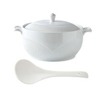 Porcelain Soup Tureen with Lid and Spoon - White Serving Bowl for Kitchen and Microwave, Perfect for Soups and Stews
