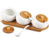 Porcelain Spice Jar Set, Ceramic Condiment Jar with Bamboo Lid and Holder Spot, Ceramic Serving Spoon, Spice Jars Container for Sugar/Salt/Pepper, White Seasoning Box for Your Home, Kitchen