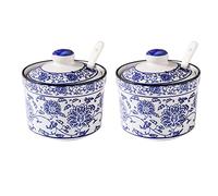 Porcelain Spice Jar,sugar pot,Chinese Blue and White Porcelain Sugar Bowl with Lid, Porcelain Sugar Pot with Spoon, Small Salt Pot,Restaurant-Blue and White-Single ( Color : Blue and White , Size : 2