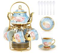 Porcelain Tea Cup and Saucer Set, 20Pcs Luxury Tea Sets, 160 ml Flower Tea Coffee Cup, 700ml Ceramic Teapot Set with Metal Holder,European Style Tea Coffee Serving Sets for Wedding,Party,Wommen,Gift