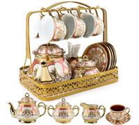 Porcelain Tea Cup and Saucer Set, 22Pcs Luxury Large Tea Sets, 220 ml Tea Coffee Cup, 1100ml Ceramic Teapot Set with Metal Holder,European Flower Tea Coffee Serving Sets for Wedding,Party,Wommen,Gift
