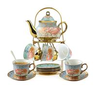 Porcelain Tea Cup Set, 20Pcs Vintage Teapot Set Tea and Coffee Cups, European Ceramic Tea Coffee Service Set with Metal Holder, Elegant Gift for Women, Party, Afternoon Tea,(160ML Cups, 700ml Teapot)