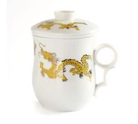 Porcelain Tea Infuser Mug with Lid - 300ml /0.08gal Ceramic Tea Cup Hand Made on Loose Leaf Tea Mug - Golden Chinese Dragon Pattern (White Golden Dragon Patten)