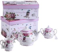 London Boutique Porcelain Teapot Sets Teapot Sugar Bowl and Cream Milk Jug Shabby Chic Vintage Floral in Gift box (Bird Rose Butterfly)