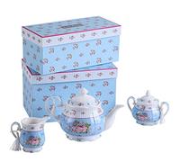 Porcelain Teapot Sets Teapot Sugar Bowl and Cream Milk Jug Shabby Chic Vintage Floral in Gift Box (Blue)