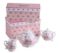 Porcelain Teapot Sets Teapot Sugar Bowl and Cream Milk Jug Shabby Chic Vintage Floral in Gift Box (Pink)