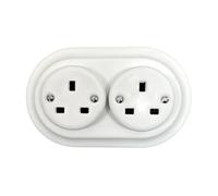 Porcelain White Double Power Socket UK 3-Prong - Flush Mounted Ceramic Wall Outlet, Retro Loft Style, Vintage Cottage Design