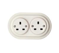 Porcelain White Double Power Socket UK 3-Prong - Surface Mounted Ceramic Wall Outlet, Retro Loft Style, Vintage Cottage Design