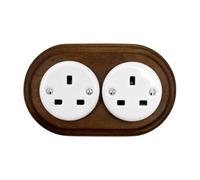 Porcelain White Double Power Socket with Dark Wood Frame UK 3-Prong - Flush Mounted Ceramic Wall Outlet, Retro Loft Style, Vintage Cottage Design