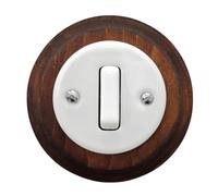 Porcelain White Rocker Light Switch with Dark Wood Frame - 1-Gang, 2-Way Flush Mounted Ceramic Wall Switch, Vintage Slim Design, CE Certified, Retro Cottage Style