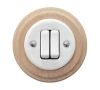 Porcelain White Rocker Light Switch With Light Wood Frame- 2-Gang, 2-Way Flush Mounted Ceramic Wall Switch, Vintage Cottage or Loft Style, CE Certified