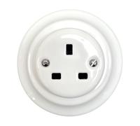 Porcelain White Single Power Socket UK 3-Prong - Flush Mounted Ceramic Wall Outlet, Retro Loft Style, Vintage Cottage Design