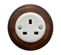 Porcelain White Single Power Socket With Dark Wood Frame UK 3-Prong - Flush Mounted Ceramic Wall Outlet, Retro Loft Style, Vintage Cottage Design