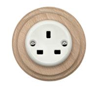 Porcelain White Single Power Socket With Light Wood Frame UK 3-Prong - Flush Mounted Ceramic Wall Outlet, Retro Loft Style, Vintage Cottage Design
