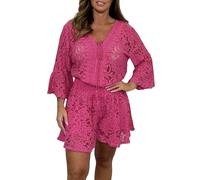 Porceosy Women Dating Clothes Loose Fit Suit 2 Pcs/set Top Shorts Set Hollow Out Lace Flower Embroidery V Neck Drawstring Three Quarter Pink 3XL