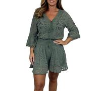 Porceosy Women Dating Clothes Loose Fit Suit 2 Pcs/set Top Shorts Set Hollow Out Lace Flower Embroidery V Neck Drawstring Three Quarter Green XL