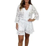 Porceosy Women Dating Clothes Loose Fit Suit 2 Pcs/set Top Shorts Set Hollow Out Lace Flower Embroidery V Neck Drawstring Three Quarter White L