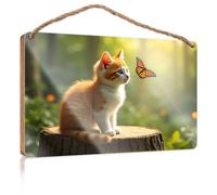 Porch Decorations A Curious Kitten Observes A Butterfly in A Sunlit Forest Wooded Sign Decorative Signs for Home Decor Home Signs Decor(15X28CM)