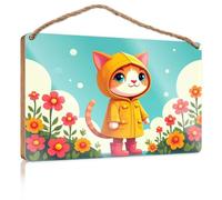 Porch Decorations A Cute Cat in A Yellow Raincoat Stands Among Colorful Flowers Bathroom Decor Wall Art Funny Indie Room Decor(15X28CM)