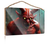 Porch Decorations A Menacing Red Demon with Glowing Yellow Eyes and Sharp Horns Wooded Sign Decorative Signs for Home Decor Home Signs Decor(23X35CM)