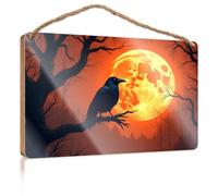 Porch Decorations A Raven Perches On A Branch Under A Full Moon Wooded Sign Decorative Signs for Home Decor Home Signs Decor(23X35CM)