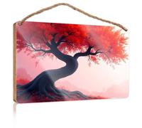 Porch Decorations A Tree with Vibrant Red Leaves Against A Soft Pink Sky Wooded Sign Decorative Signs for Home Decor Home Signs Decor(15X28CM)