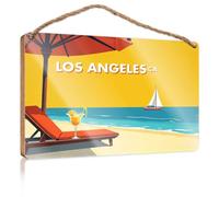 Porch Decorations Los Angeles, California Beach Scene with Lounge Chair and Umbrella Bathroom Decor Wall Art Funny Indie Room Decor(15X28CM)