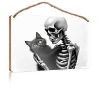 Porch Decorations Skeleton Holding A Black Cat Wooden Sign Home Signs Wall Decor Bathroom Wall Wood Sign(23X35CM)