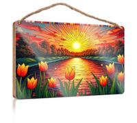 Porch Decorations Sunset Over A River with Vibrant Tulips in The Foreground Bathroom Decor Wall Art Funny Indie Room Decor(20X30CM)