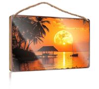 Porch Funny Signs Full Moon Rising Over Tropical Beach With Palm Trees And Dock Wooded Sign Signs For Kitchen Bar Signs For Home Decor(23X35CM)