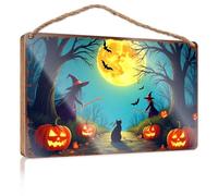 Porch Funny Signs Halloween Night: Witches, Cats, And Jack-O'-Lanterns Under A Full Wooded Sign Signs For Kitchen Bar Signs For Home Decor(23X35CM)