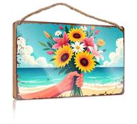 Porch Funny Signs Hand Holding Sunflowers By The Beach Wooded Sign Signs For Kitchen Bar Signs For Home Decor(20X30CM)