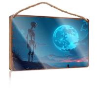 Porch Funny Signs Skeleton Stands Before A Mystical Full Moon Wooded Sign Signs For Kitchen Bar Signs For Home Decor(23X35CM)