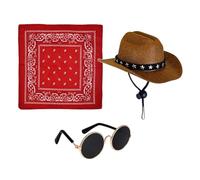 Porch Goose Costume - Western Cowboy Hat Set 3Pcs | Bib, Sunglasses | Universal Fit, Polyester, Brown Hat Red Bib, for Garden Patio Backyard or Doorstep Statue Decor