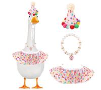 Porch Goose Outfits, 3 Pcs Happy Birthday Hat Necklace Tutu Skirt for 23" 17" Cement Goose Clothes for Outdoor Garden Patio Yard Lawn Gooses Duck Decoration