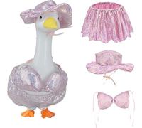 Porch Goose Summer Outfit for Cement or Plastic Goose 23'' Lawn Patio Statue, Bikini Goose Clothes, Blingbling Hawaiian Goose Outfit for Outdoor Garden Yard Decor (Bling Pink)