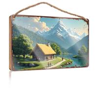 Porch Signs Outdoor Mountain Retreat: A Serene Cabin By The Lake With Majestic Peaks Wooded Sign Wood Signs For Home Decor Hanging Wood Home Wall S(20X30CM)