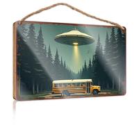 Porch Signs Outdoor Ufo Abducting School Bus In The Forest Wooded Sign Friends Signs For Home Decor Home Office Decor(23X35CM)