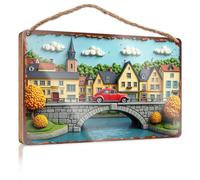 Porch Signs Outdoor Vintage Car Crossing Stone Bridge In Whimsical Townscape Wooded Sign Friends Signs For Home Decor Home Office Decor(15X28CM)