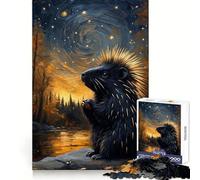 Porcupine Under Starry Night Sky Painting 1000 Pieces Jigsaw Puzzles for Teenagers Enhance Memory Easy Leisure Firm Cut Wall Art Decor (38x52cm)