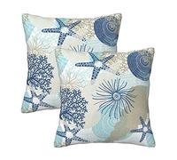 Poream Beach Ocean Starfish Seashell Nautical Coastal Farmhouse Throw Pillow Covers 18x18 Pillow Case Soft Pillowcase Cushion Covers Set of 2 for Sofa Bed Bedroom Car Chair Living Room Home Decor