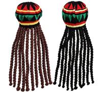 Porgeel 2 Pcs Jamaican Hat Traditional Knitted Soft Rasta Hat with 18 In Long Black & Brown Dreadlocks Colorful Comfortable Elastic Funny Dreadlock Wig for Party, Cosplay, Halloween