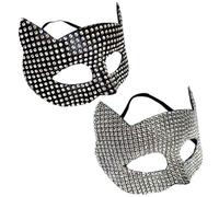 Porgeel 2Pcs Cat Woman Mask Half Face Rhinestone Cat Costume Women Fashionable Cosplay Mask for Halloween, Masquerade, Black + Silver